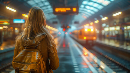 Traveler woman waiting train at railway station at sunset, rear view