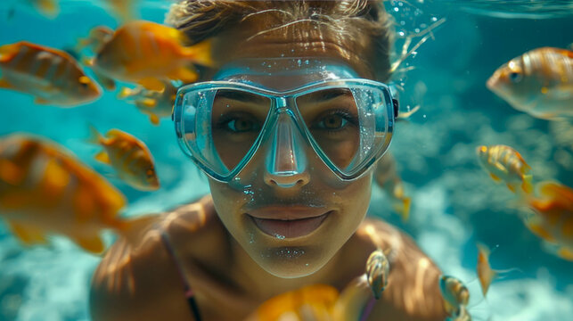 Young woman diver snorkeling in the tropical coral reef in the sea underwater