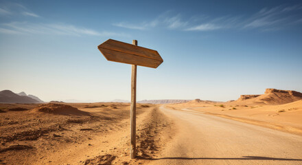 Wooden Signpost In Desert With Mountains And Clear Sky In Background. Rustic Directional Arrow In Desert. Generative AI