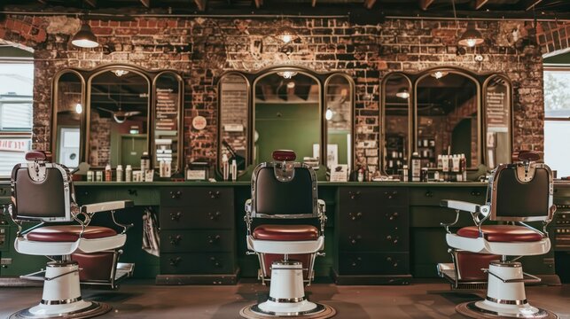 Retro-inspired barbershop featuring classic barber chairs, elegant interior design, and a welcoming atmosphere for grooming sessions