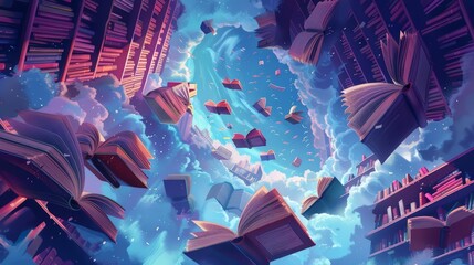 Illustrating a peaceful library where books float freely around readers, in a magic realism style, this banner concept invites viewers into a world of serene knowledge