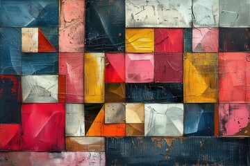 Colorful geometric shapes and patterns in a mosaic of colors.
