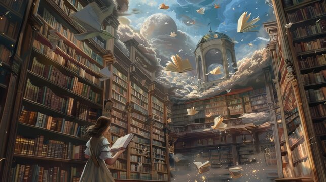 Illustrating a peaceful library where books float freely around readers, in a magic realism style, this banner concept invites viewers into a world of serene knowledge