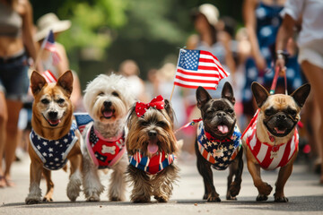 Group of Small Dogs Walking Down a Street. Generative AI