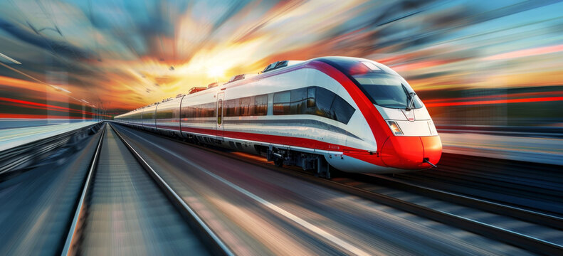 High-speed train moving on the road against a beautiful sky with clouds, blurred motion. Modern high-speed passenger electric exterior
