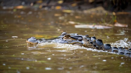 Capturing the essence of stealth, this image showcases a lurking alligator with only its eyes and snout above the water surface