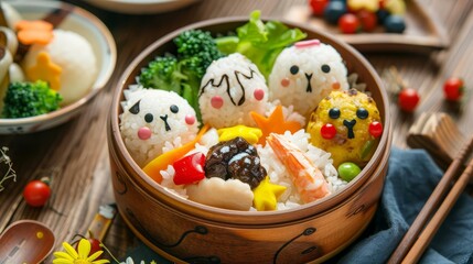 Japanese bento for children, featuring cartoon character of food to make healthy eating fun, banner sharpen with copy space for advertise