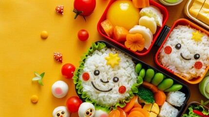 Japanese bento for children, featuring cartoon character of food to make healthy eating fun, banner sharpen with copy space for advertise