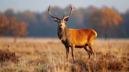 Obraz premium A powerful red deer stag stands in a misty forest during autumn, its impressive antlers on full display amidst the golden foliage