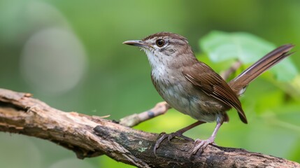 Fototapeta premium A small brown bird with sleek plumage perches attentively on a bare branch, surrounded by lush green foliage