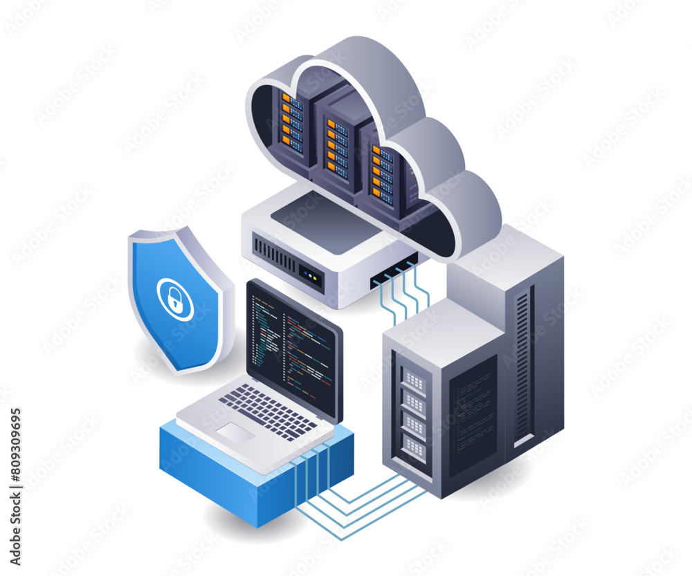 Aufkleber programming language data security cloud server technology infographic flat isometric 3d illustratio