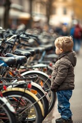 Obraz premium Little Boy Among Bikes