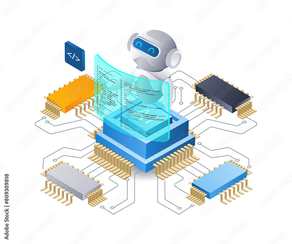 Aufkleber Robot developer cloud data server hosting technology infographic illustration 3d flat isometric