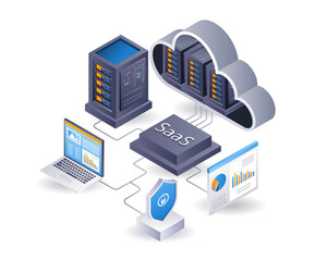 SaaS cloud server technology system process, flat isometric 3d illustration infographic
