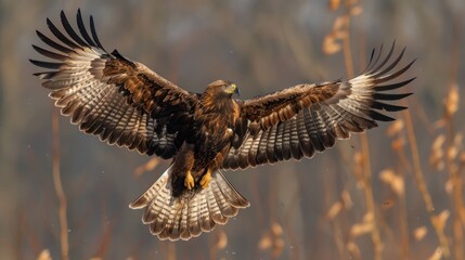 Majestic flight of a Golden Eagle with wings fully spread amidst an autumnal forest backdrop