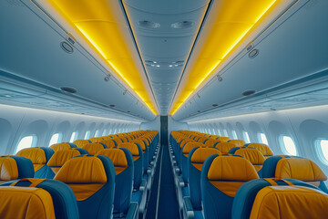 The interior of the aircraft with empty seats and bright yellow lights.