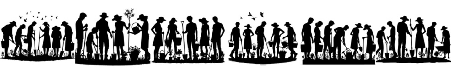 vector set of silhouettes of a group of people gardening