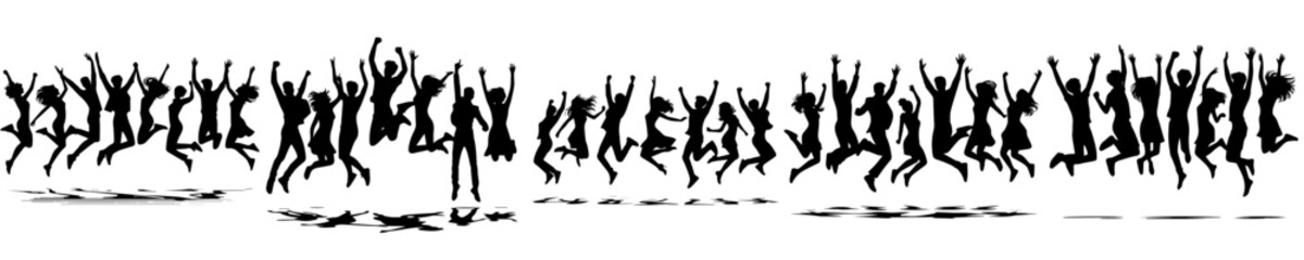 vector set of silhouettes of happy jumping people