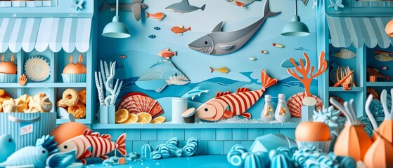 Paper art style of a vibrant seafood market, captured in retro color, offers a delightful visual feast, banner template sharpen with copy space
