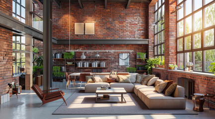 Modern living room in a condo or loft with modern trendy furniture.