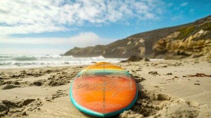 A surfboard rests on the beach as the sun sets, casting a golden glow over the water. The wind waves gently lap at the shore, creating a peaceful and serene natural landscape AIG50