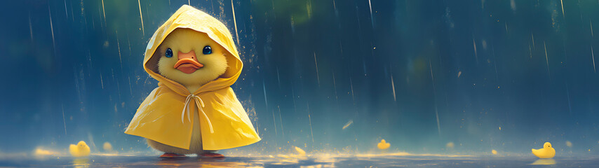 Cute little duckling in yellow raincoat standing in the rain, 3d rendering
