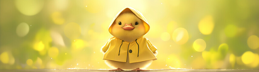 Cute yellow duckling in raincoat on bokeh background