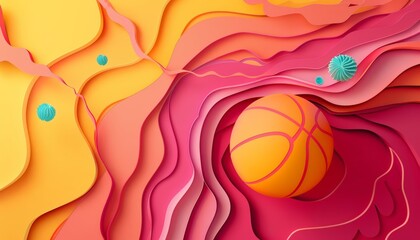 Paper cut design of an energetic basketball game, presented in synth wave styles, vibrates with dynamic movement and energy, kawaii template sharpen with copy space