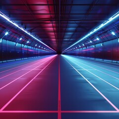 Fototapeta premium Picture an athletics track devoid of athletes, surrounded by hightech, scifistyle infrastructure and mood lighting, ready for a digital makeover with copy space