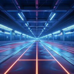 Picture an athletics track devoid of athletes, surrounded by hightech, scifistyle infrastructure and mood lighting, ready for a digital makeover with copy space
