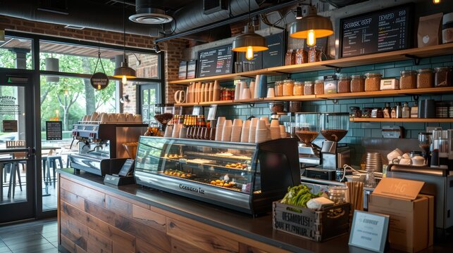 Warm lighting and rustic elements give this coffee bar a cozy and welcoming atmosphere