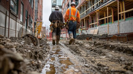 Two construction workers walking away from the camera at a building site, showing muddy conditions and ongoing construction work