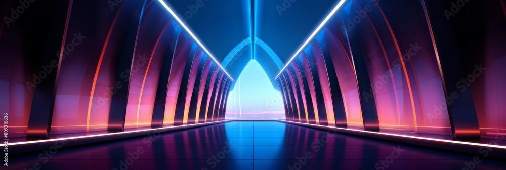 Poster futuristic corridor with neon lights and archway. sci-fi tunnel. ultra-modern architecture. generati