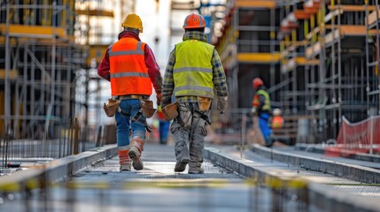 Construction workers in high visibility jackets walk on a temporary walkway with scaffold structures all around them