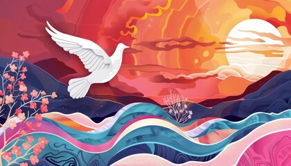 Obraz premium Thai art design honors International Day of Peace, weaving peaceful imagery with innovative design elements, beautifully presented in a synth wave template with copy space
