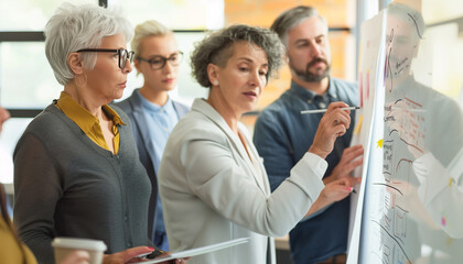 Fototapeta premium featuring an older marketing director brainstorming with a diverse team, using a whiteboard to outline strategies, corporate professionals, Business, with copy space