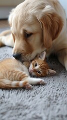 A cat and a Labrador dog sleep together on the carpet in the house. The kitten and puppy are dozing. Pets playing. Animal care. Love and friendship. Pets vertical photo