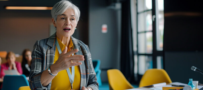 showing an older female HR manager conducting a workshop for employee development and engagement, leading discussions in a seminar room, corporate professionals, Business, with cop