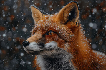 red fox portrait in a snow at winter forest. A close up portrait of a curious red fox, with snowflakes resting on its fur