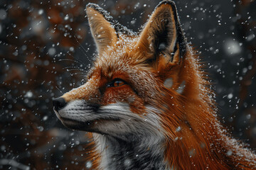 Obraz premium red fox portrait in a snow at winter forest. A close up portrait of a curious red fox, with snowflakes resting on its fur