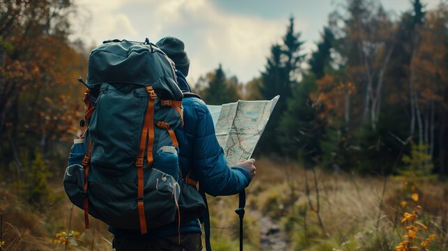 Hiker with a large backpack holds a map in his hand