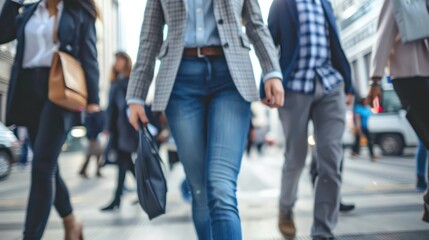 Blurry image of several individuals crossing a busy city street, focusing on their lower bodies