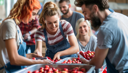 showing team members volunteering together at a local charity event, building relationships while supporting a cause, personal relationships, positive changes, Business, with copy