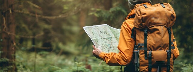 Hiker with a large backpack holds a map in his hand