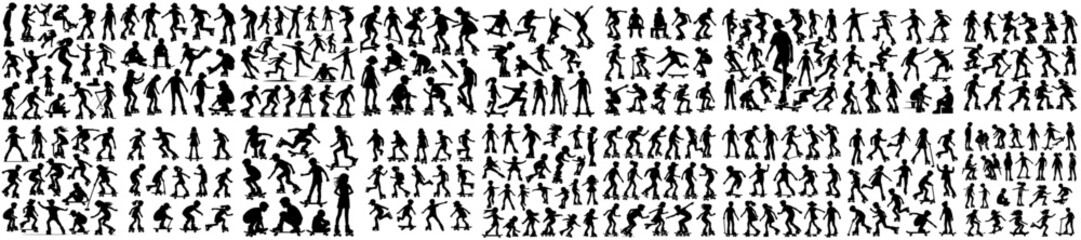 vector set of silhouettes of children playing roller skating