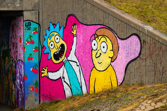 Gothenburg, Sweden - March 01 2024: Rick and Morty mural by an underpass.