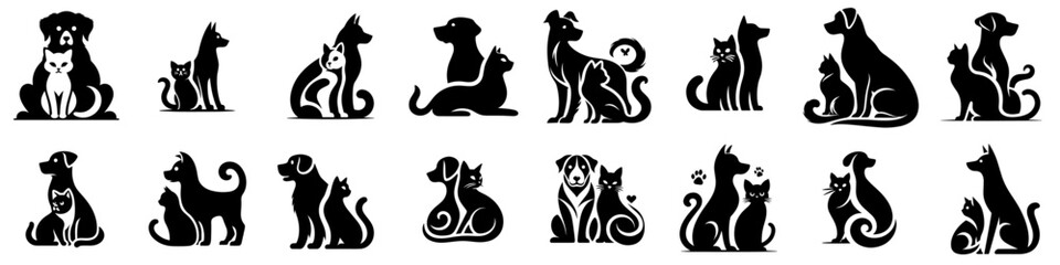 vector set of silhouettes of cats with dogs