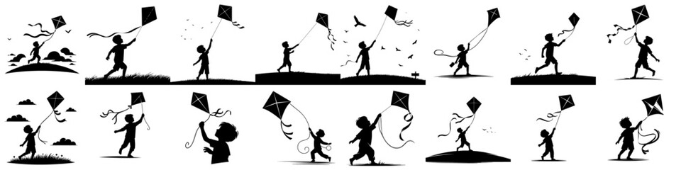 vector set of silhouettes of children playing kites