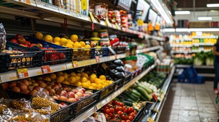 A vibrant display of fresh produce in a supermarket arranged neatly on shelves, showcasing variety and health