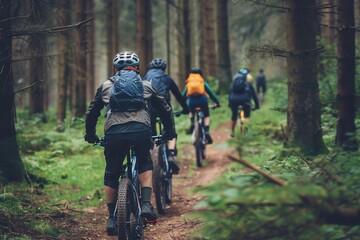 group of mountain bikers riding together